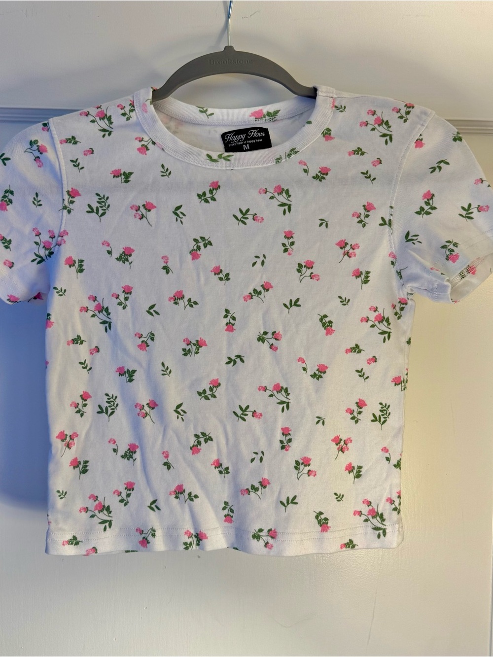 White Floral Crop Tee with Pink Roses